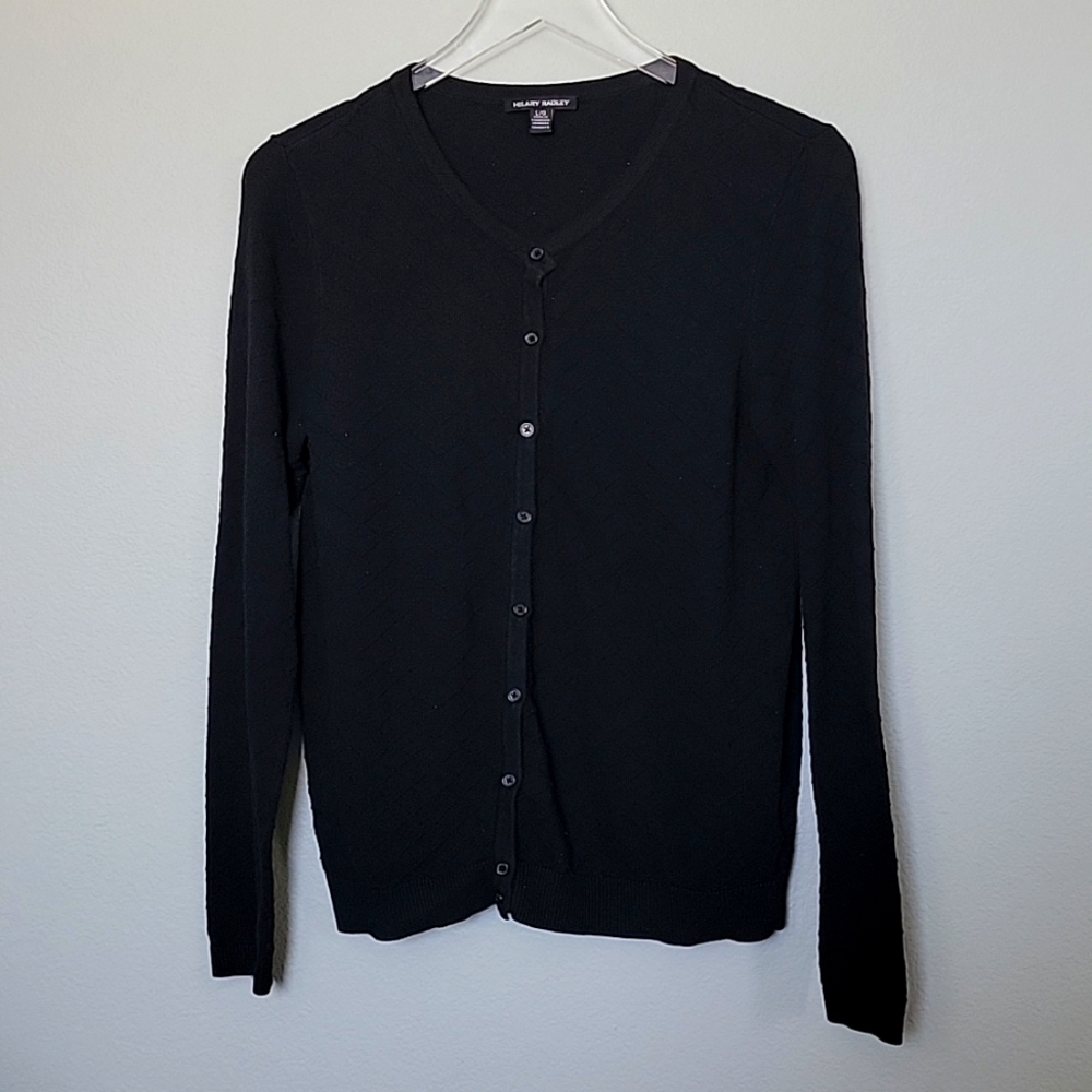 Hilary Radley Black Textured Embossed Button Front Cardigan Womens Large